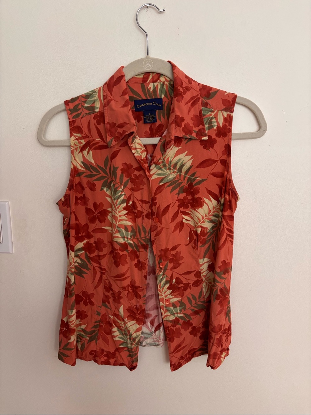 Charter Club Coral-Red Floral Sleeveless Button-Down Top